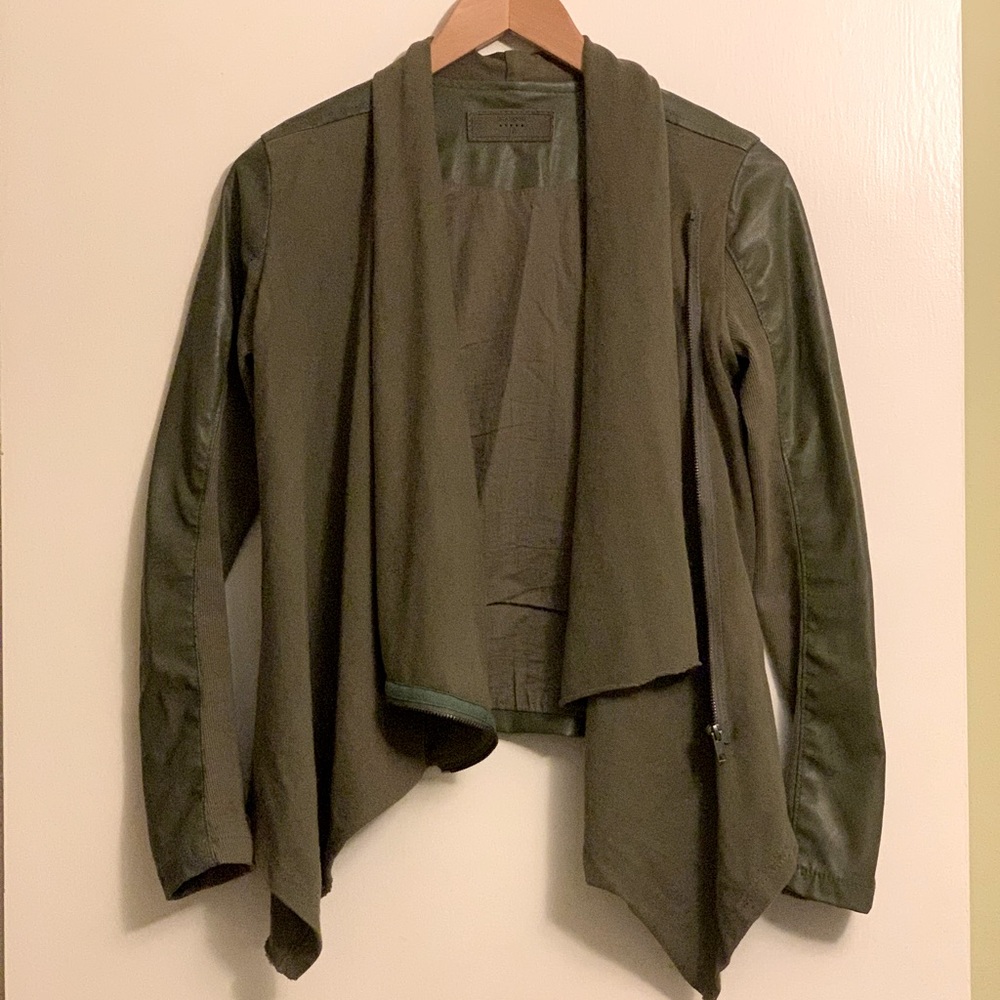 Drape front faux leather mix jacket